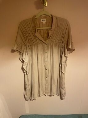 BiBi Beige Button-Front Ruffle Sleeve Blouse